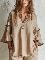 Bohemian Beige Ruffle Trim Button Blouse