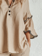Bohemian Beige Ruffle Trim Button Blouse
