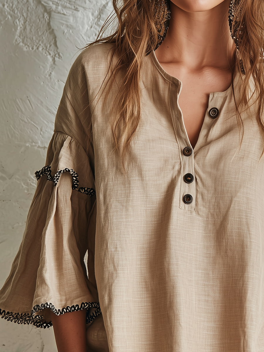 Bohemian Beige Ruffle Trim Button Blouse