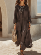 Casual Charcoal Gray Cotton And Linen Layered Long Dress