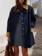 Navy Contrast-Collar Gold-Button Relaxed Lightweight Resort Trench Coat