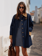 Navy Contrast-Collar Gold-Button Relaxed Lightweight Resort Trench Coat