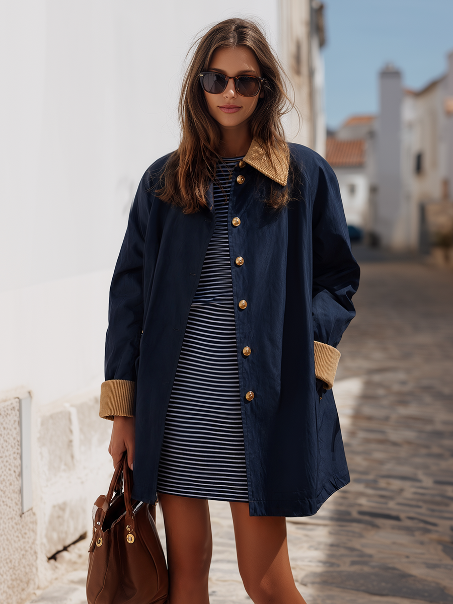 Navy Contrast-Collar Gold-Button Relaxed Lightweight Resort Trench Coat