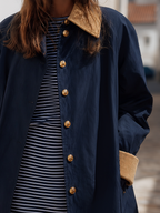 Navy Contrast-Collar Gold-Button Relaxed Lightweight Resort Trench Coat