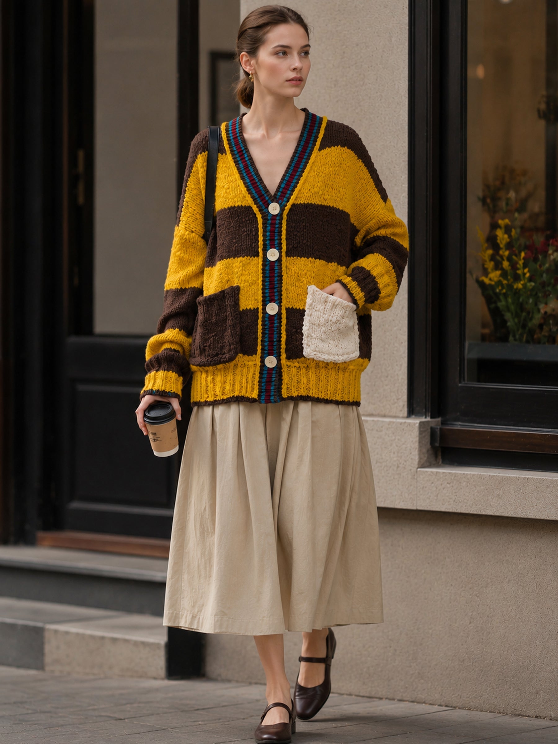 Women's Retro Striped Chunky Knit Cardigan With Patch Pockets