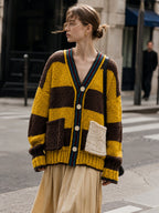 Women's Retro Striped Chunky Knit Cardigan With Patch Pockets