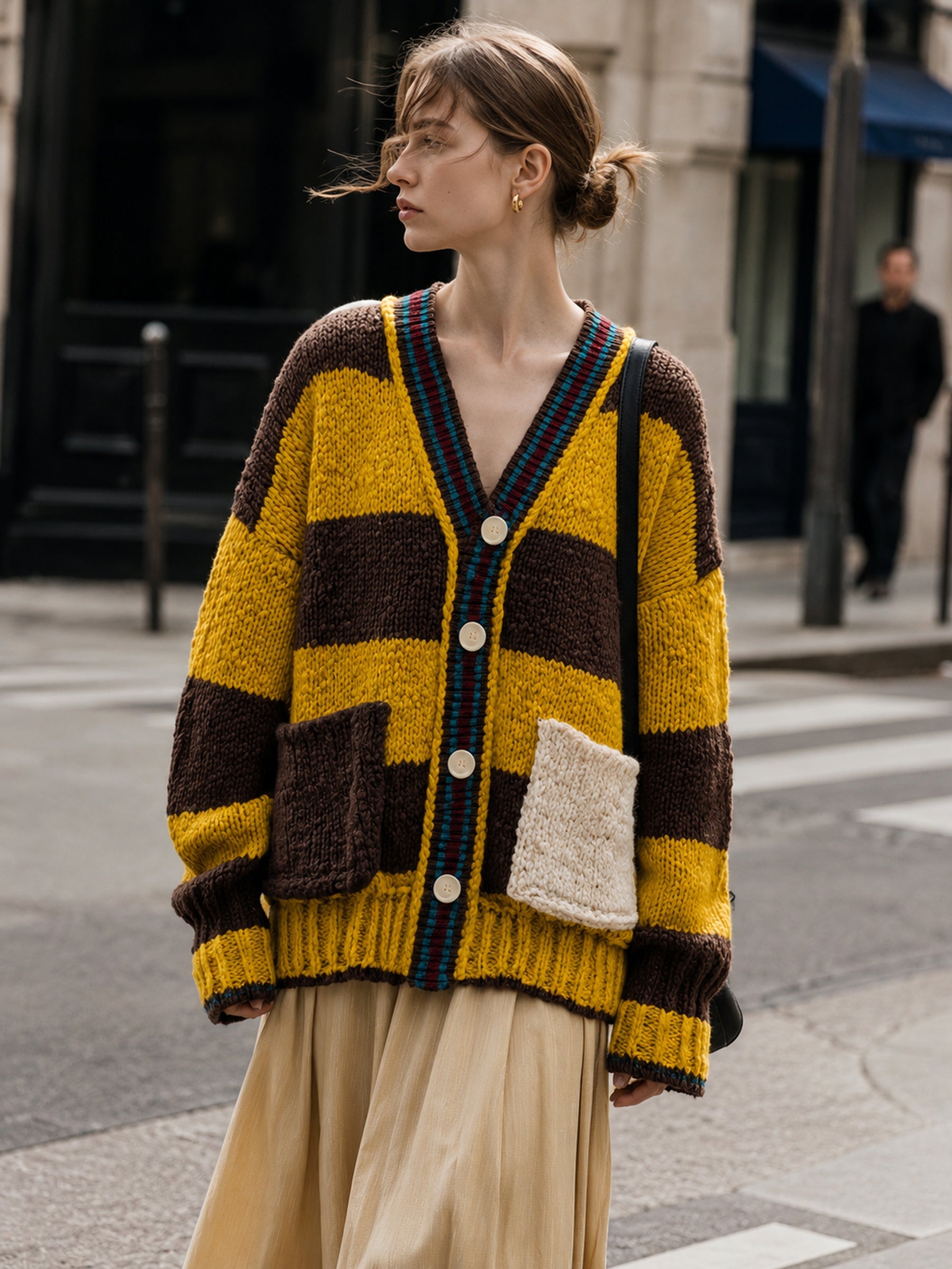Women's Retro Striped Chunky Knit Cardigan With Patch Pockets