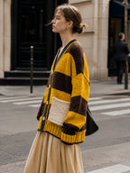 Women's Retro Striped Chunky Knit Cardigan With Patch Pockets