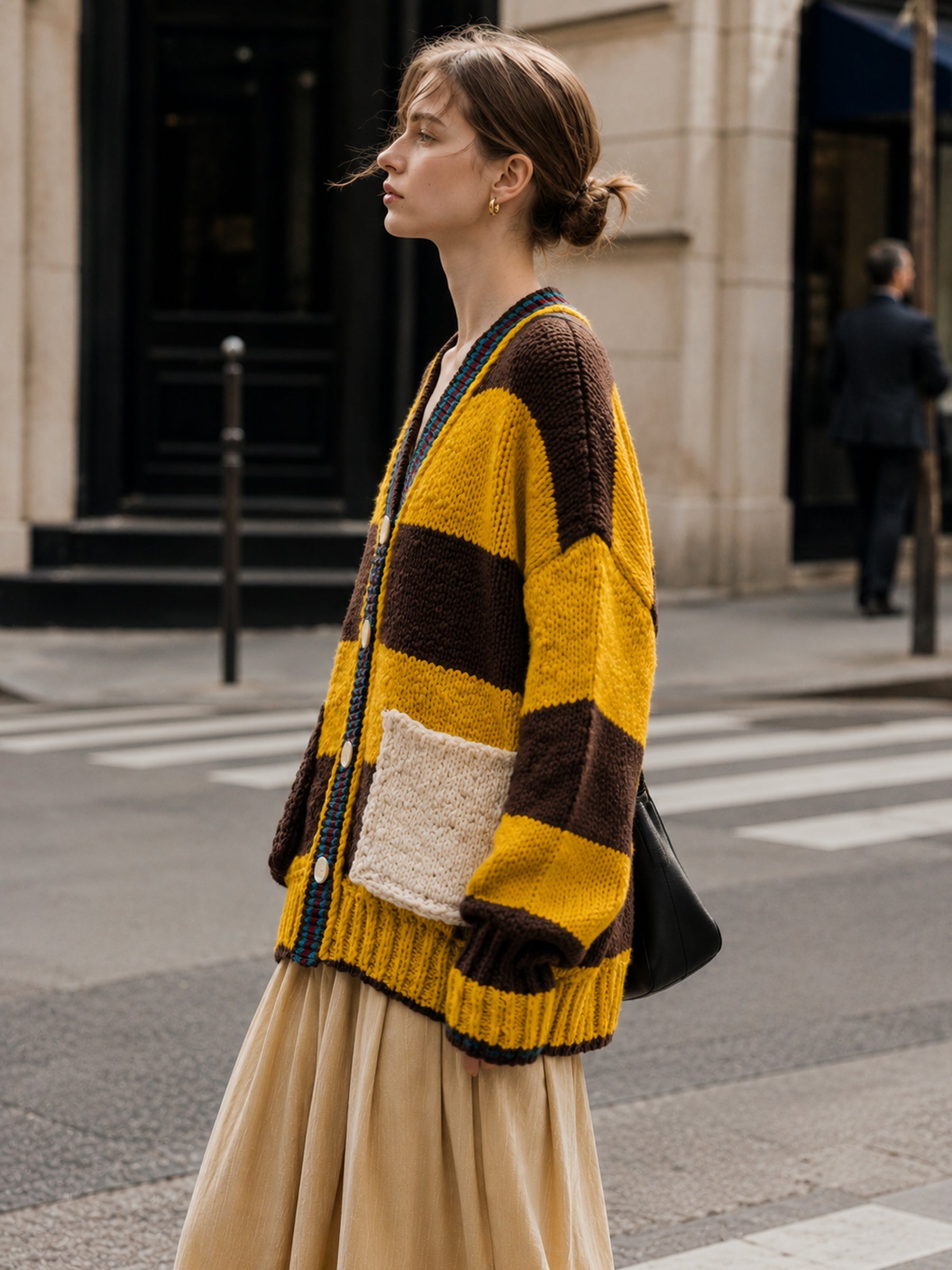 Women's Retro Striped Chunky Knit Cardigan With Patch Pockets