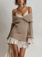 Romantic Oatmeal Off Shoulder Knit Mini Dress
