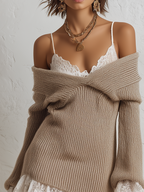 Romantic Oatmeal Off Shoulder Knit Mini Dress