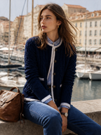 Navy Cable-Knit Contrast-Trim Button-Front Cropped Resort Knit Cardigan