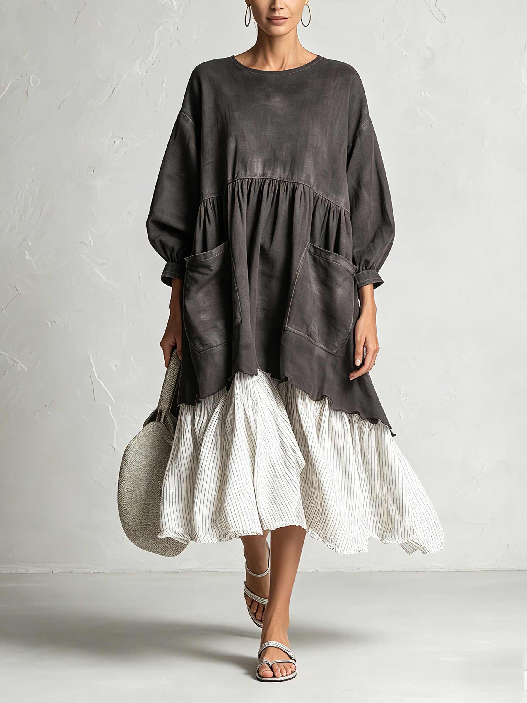 Oversized Charcoal Pleated-Hem Midi Dress