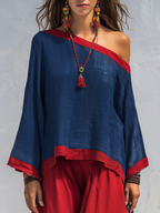 Refined Navy Contrast Trim Top & Wide Leg Pants Set