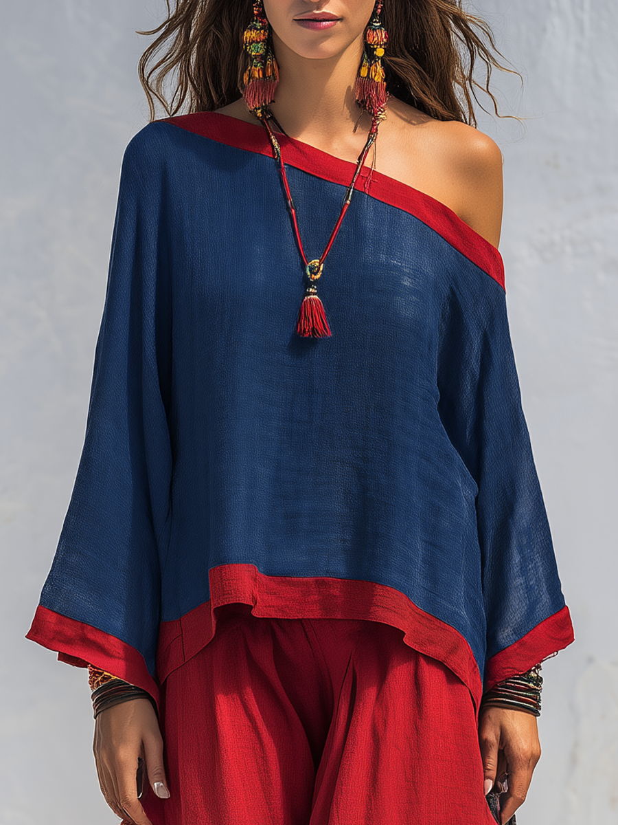 Refined Navy Contrast Trim Top & Wide Leg Pants Set