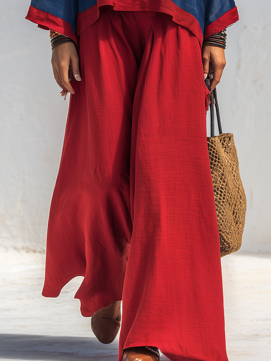 Refined Navy Contrast Trim Top & Wide Leg Pants Set