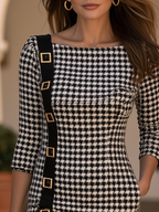Vintage Houndstooth Print Buckle Embellished Bodycon Midi Dress