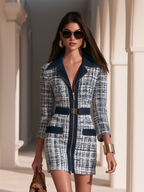 Retro Contrast Trim Plaid Tweed Zip-Front Belted Blazer Mini Dress
