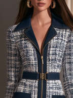 Retro Contrast Trim Plaid Tweed Zip-Front Belted Blazer Mini Dress