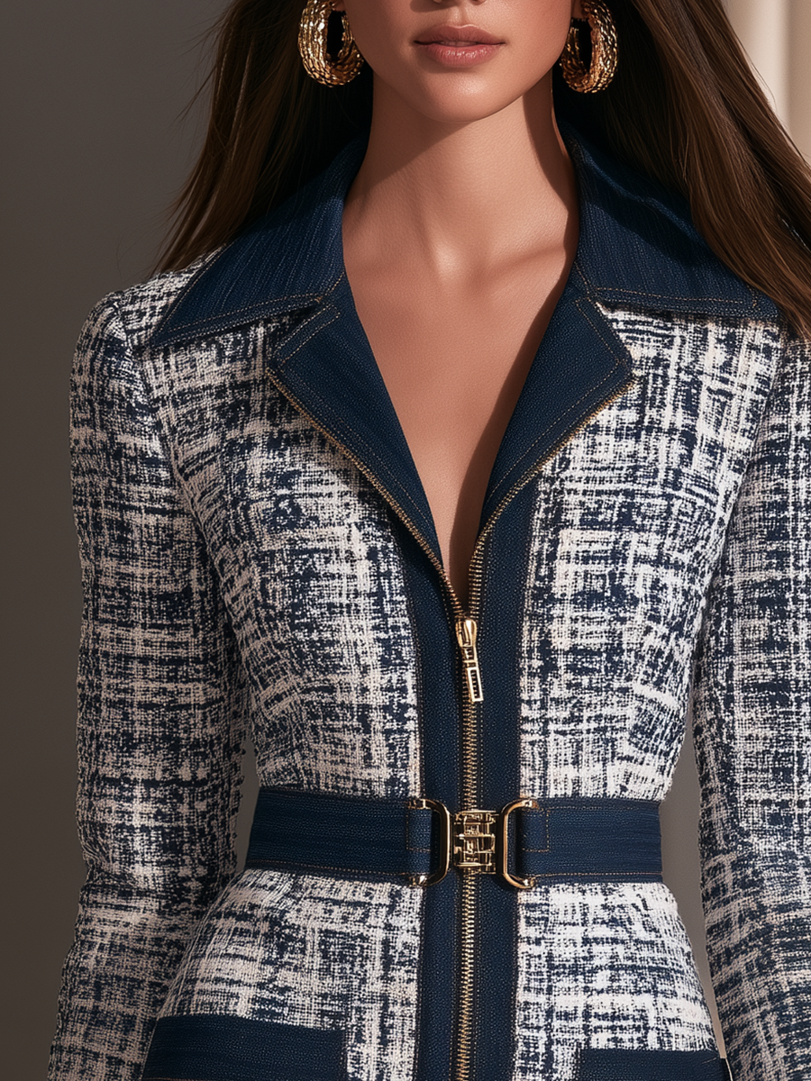Retro Contrast Trim Plaid Tweed Zip-Front Belted Blazer Mini Dress