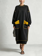 Women’s Oversized Black Midi Dress With Contrast Yellow Piping & Statement Pockets