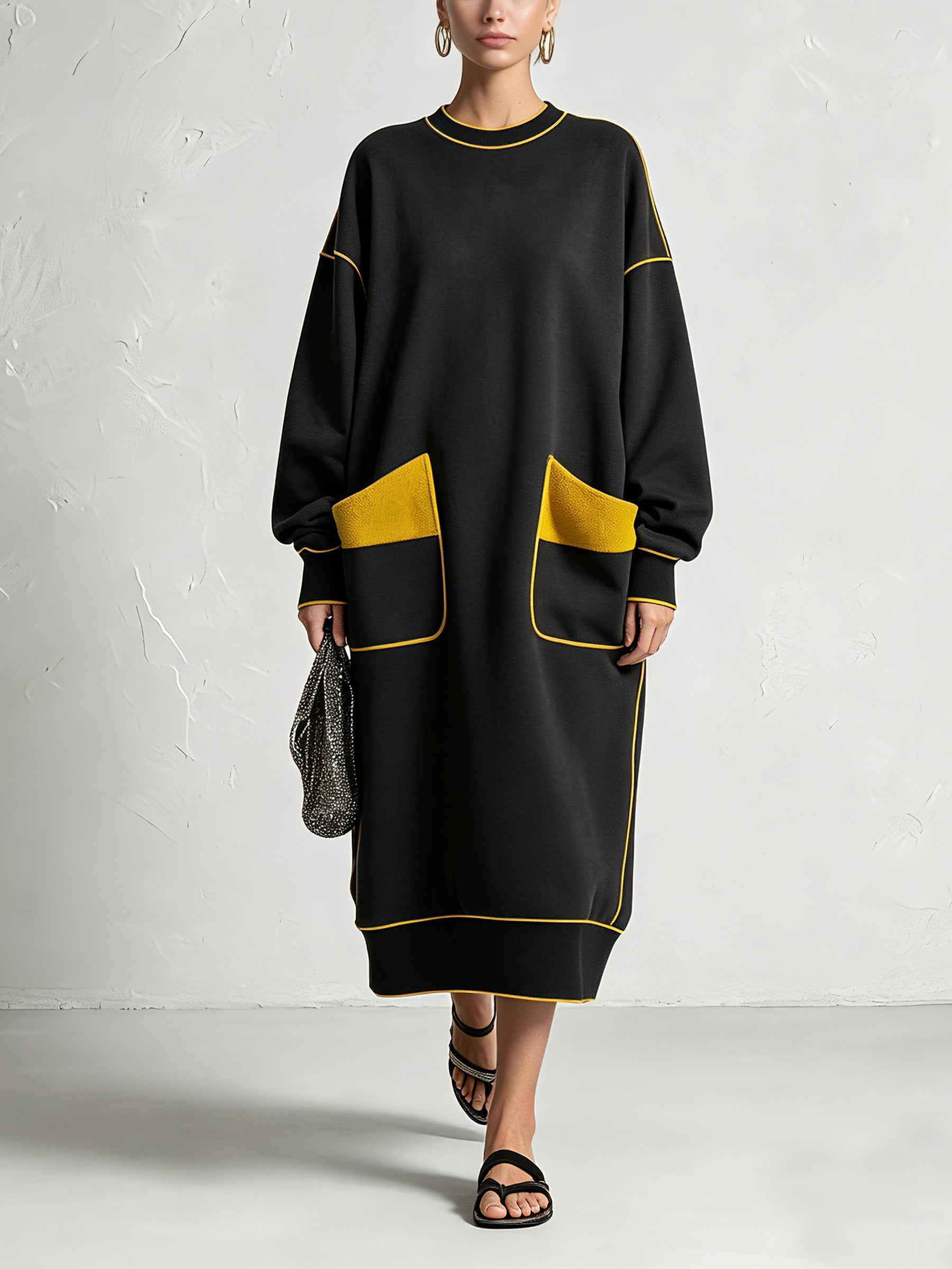Women’s Oversized Black Midi Dress With Contrast Yellow Piping & Statement Pockets