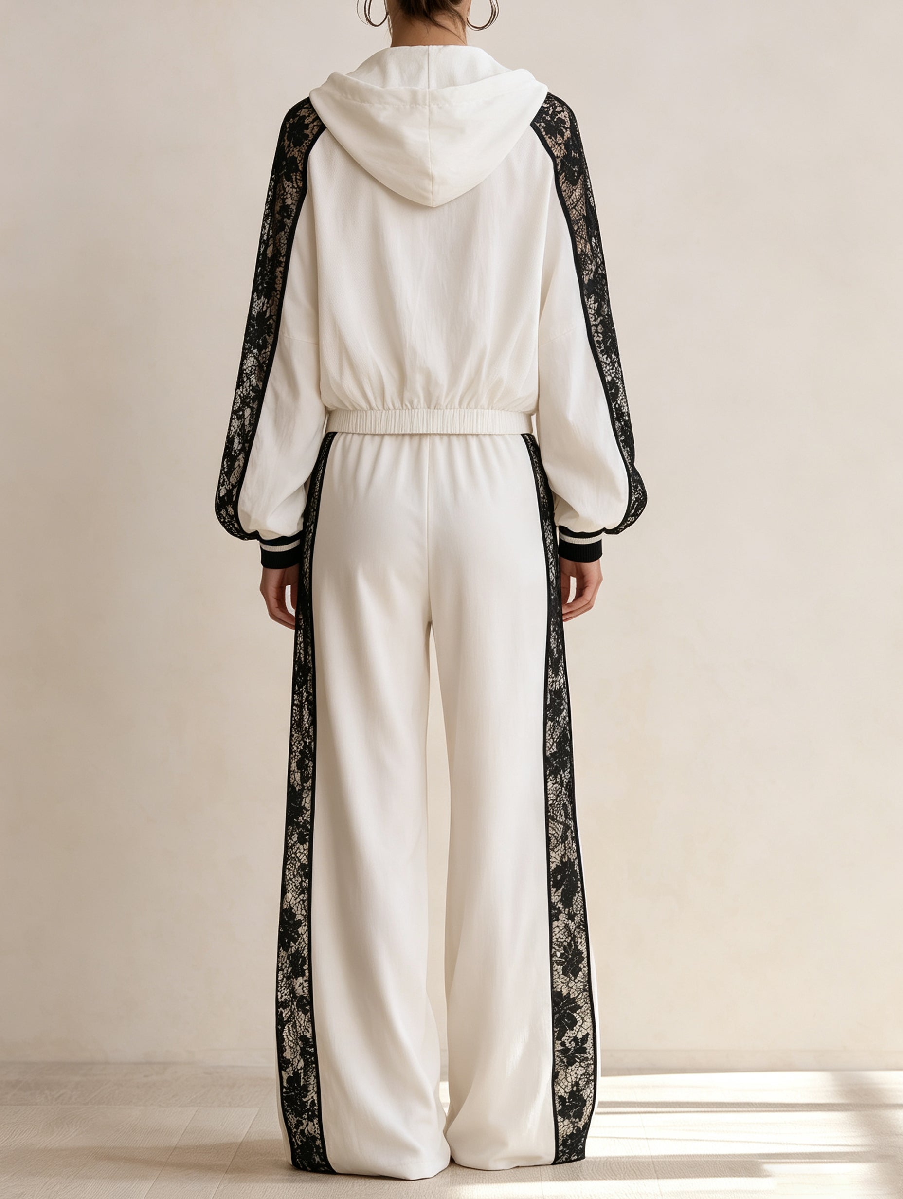Lace Contrast Tracksuit Set – Women’s Hooded Jacket & Wide Leg Pants Two Piece Outfit