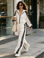 Lace Contrast Tracksuit Set – Women’s Hooded Jacket & Wide Leg Pants Two Piece Outfit