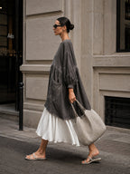 Oversized Charcoal Pleated-Hem Midi Dress
