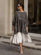 Oversized Charcoal Pleated-Hem Midi Dress