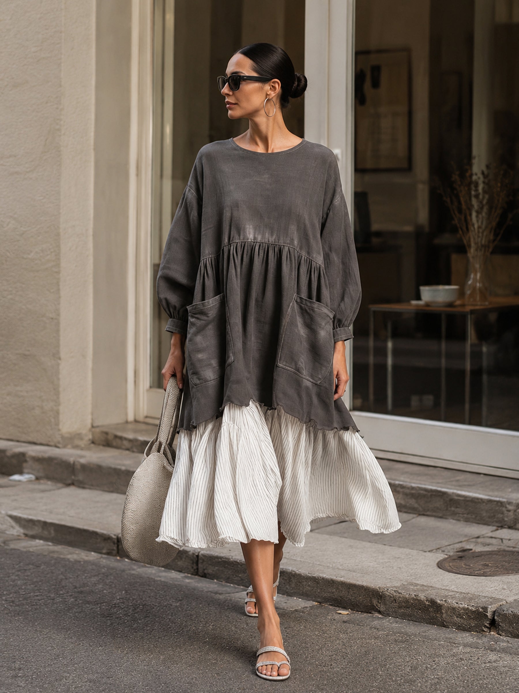 Oversized Charcoal Pleated-Hem Midi Dress