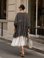 Oversized Charcoal Pleated-Hem Midi Dress