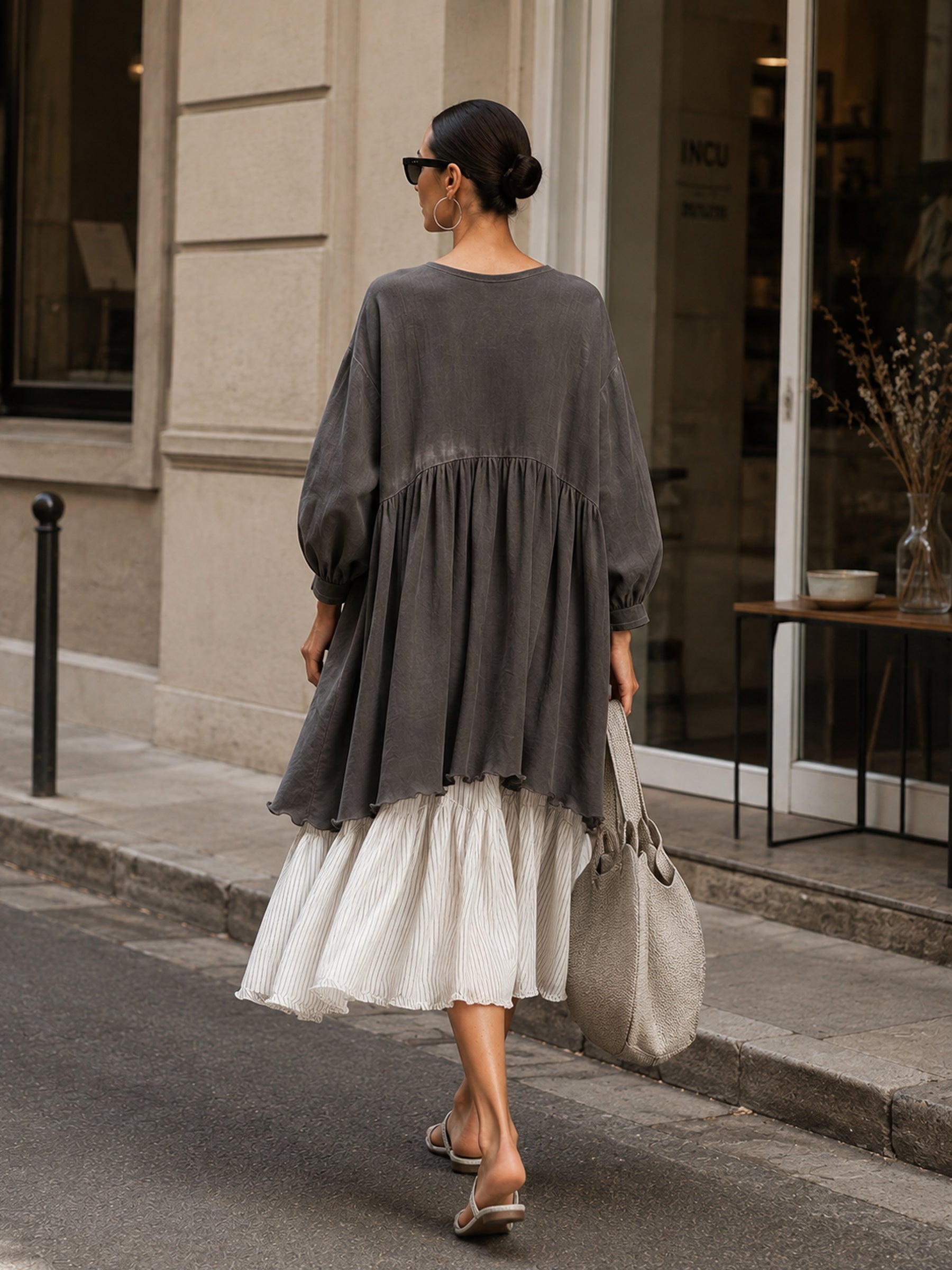 Oversized Charcoal Pleated-Hem Midi Dress