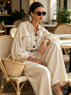 Cream Linen‑Blend Drawstring Collar Wide‑Leg Jumpsuit