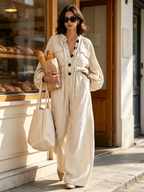 Cream Linen‑Blend Drawstring Collar Wide‑Leg Jumpsuit