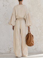 Cream Linen‑Blend Drawstring Collar Wide‑Leg Jumpsuit