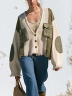 Color Block Fringed V-Neck Knit Cardigan