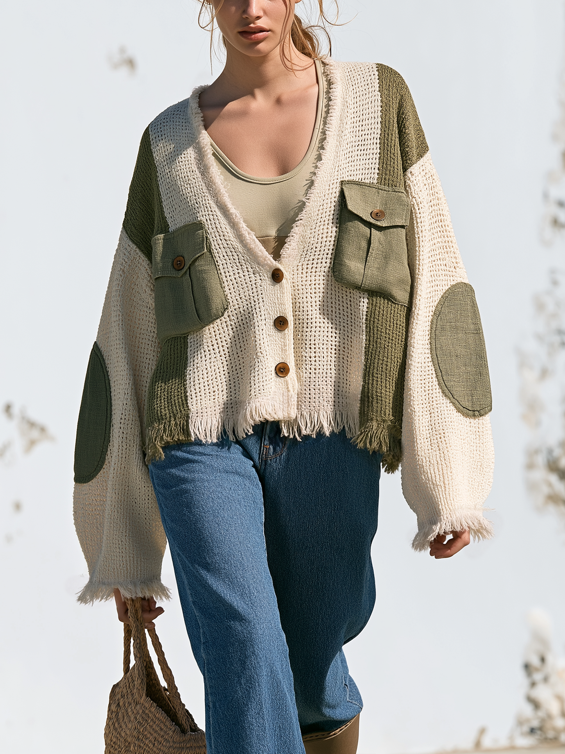 Color Block Fringed V-Neck Knit Cardigan