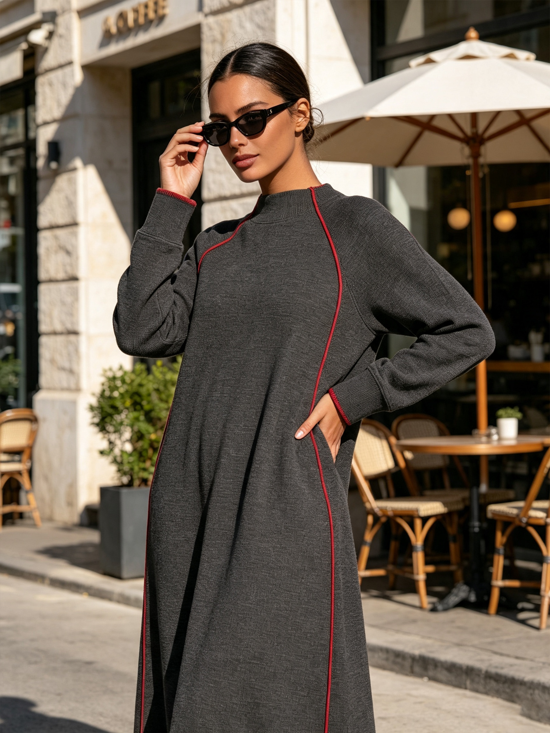 Dark Grey Contrast Red Piping Long Sleeve Maxi Sweatshirt Dress, Loose Mock Neck Kaftan Dress With Side Pockets