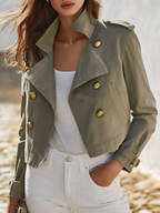 Military Chic Vibe Sage Green Gold Button Cropped Trench Jacket
