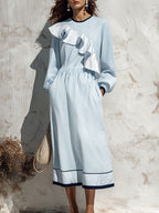 Elegant Resort Vibe Light Blue Stripe Ruffle Midi Dress
