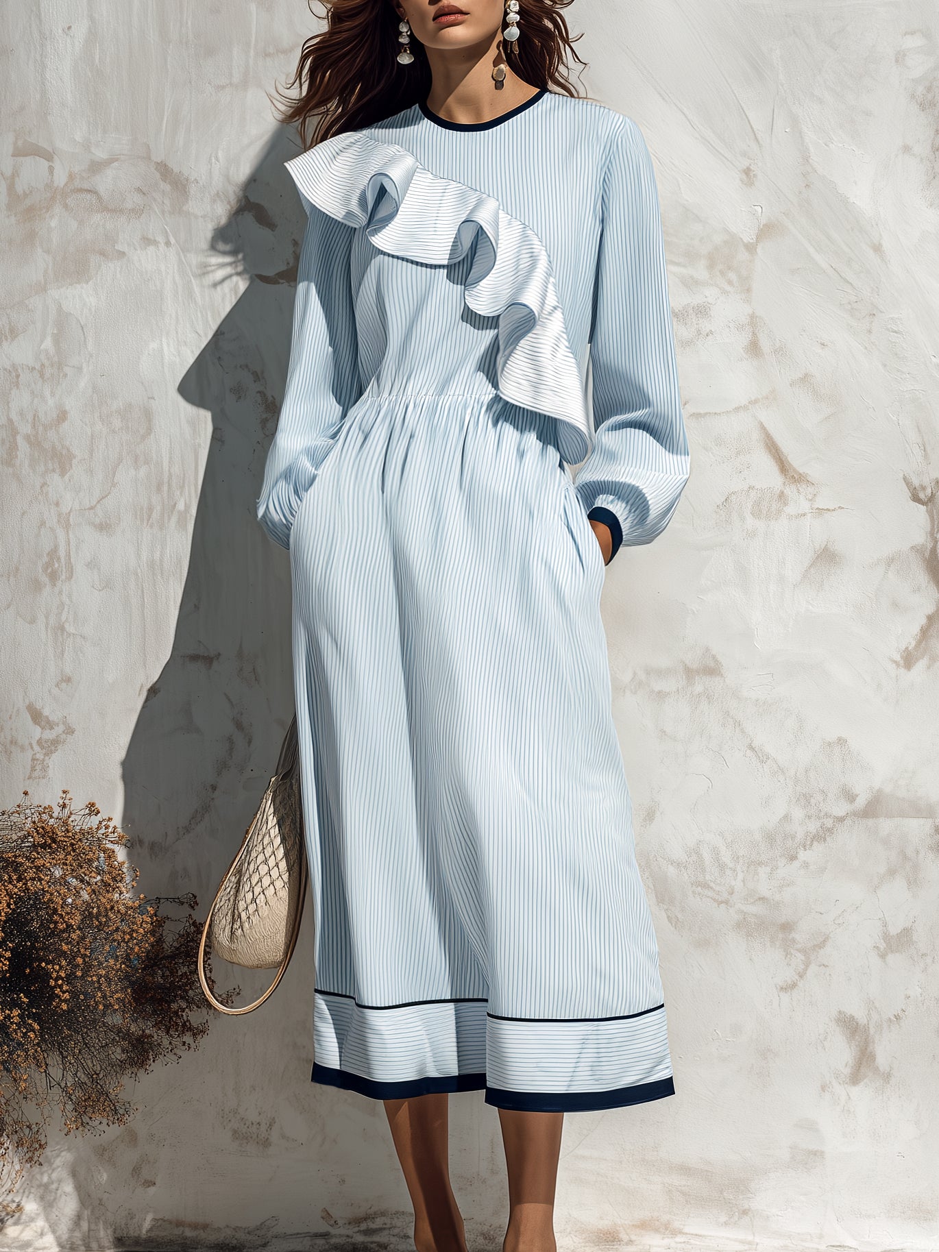 Elegant Resort Vibe Light Blue Stripe Ruffle Midi Dress
