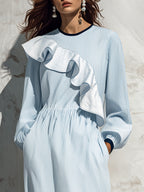 Elegant Resort Vibe Light Blue Stripe Ruffle Midi Dress