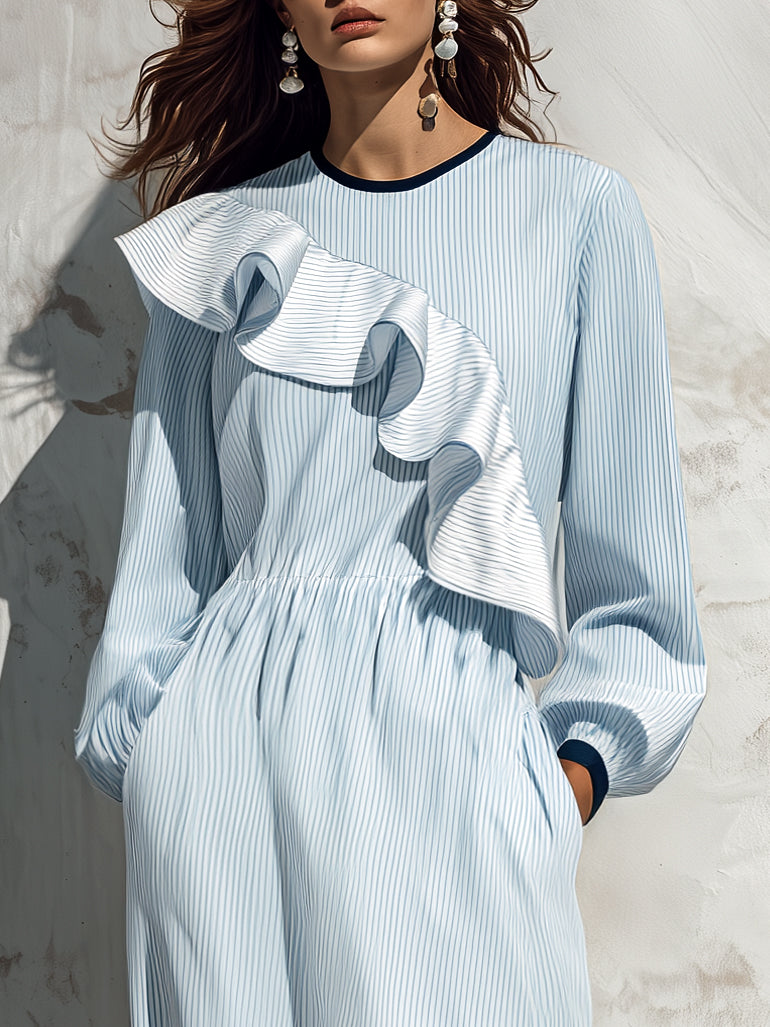 Elegant Resort Vibe Light Blue Stripe Ruffle Midi Dress
