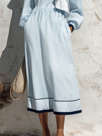 Elegant Resort Vibe Light Blue Stripe Ruffle Midi Dress