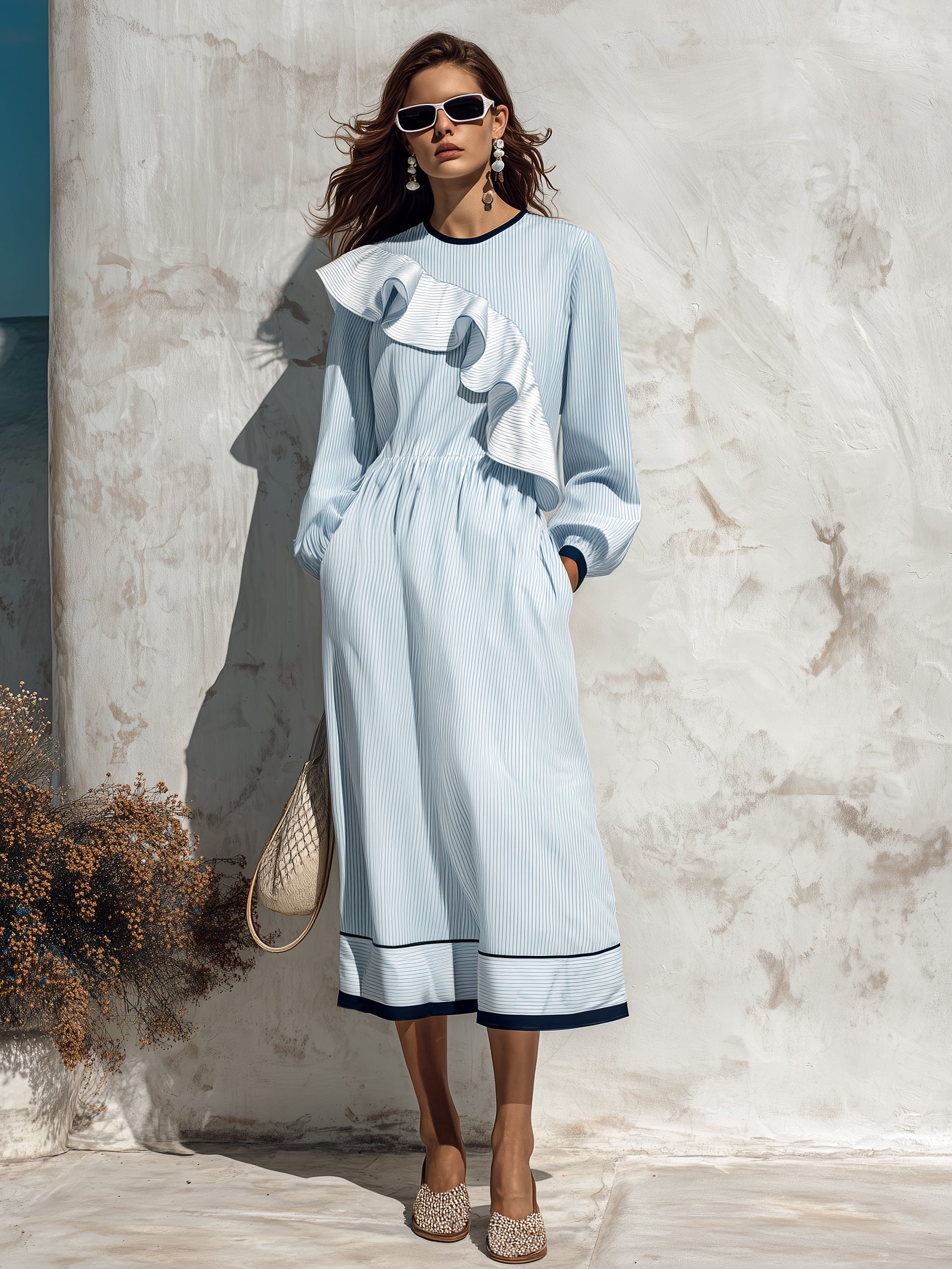 Elegant Resort Vibe Light Blue Stripe Ruffle Midi Dress