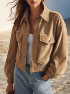 Retro Street Vibe Khaki Suede Effect Cropped Bomber Jacket