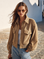 Retro Street Vibe Khaki Suede Effect Cropped Bomber Jacket