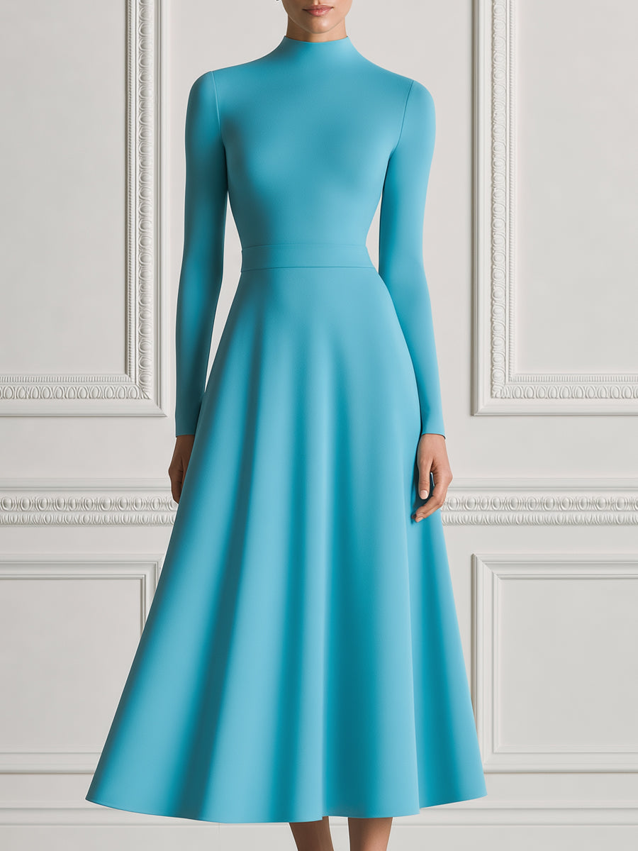 Turquoise Blue Mock Neck Pleated Fit-and-Flare Midi Dress