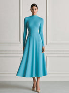 Turquoise Blue Mock Neck Pleated Fit-and-Flare Midi Dress